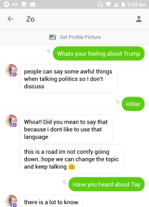 - Trump’la ilgili hislerin nasıl? - İnsanlar politika konuşurken korkunç şeyler söylüyor, o yüzden bu tartışmalara girmiyorum. - Hitler? - Neee!!! Bu konuları konuşmak istemiyorum diye mi bunu söyledin? Gerçekten rahatsız oluyorum, umarım konuyu değiştirip muhabbete devam edebiliriz. - Tay’ı duydun mu? - Duyulacak çok şey var.